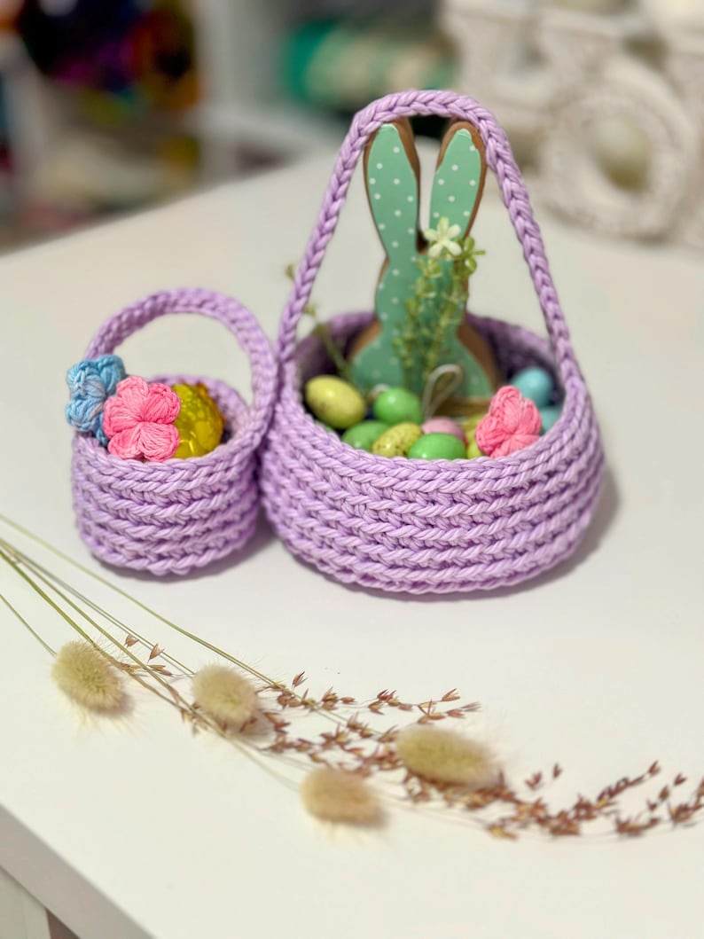 Crochet Easter Basket Pattern, Mini and Medium Sizes, Beginner Friendly, Easy Crochet Pattern with Handle, PDF Digital Download image 1