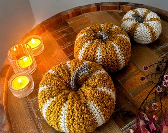 PATRÓN DE GANCHILLO, Conjunto de patrones de calabaza de ganchillo / 3 tamaños / Decoración fácil de otoño / Calabazas rústicas a rayas / PDF