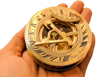 Solid Brass Pocket Sundial 3'' Sun dial Compass Directional Magnetic Compass for Navigation/Sundial Compass/ Wooden Box