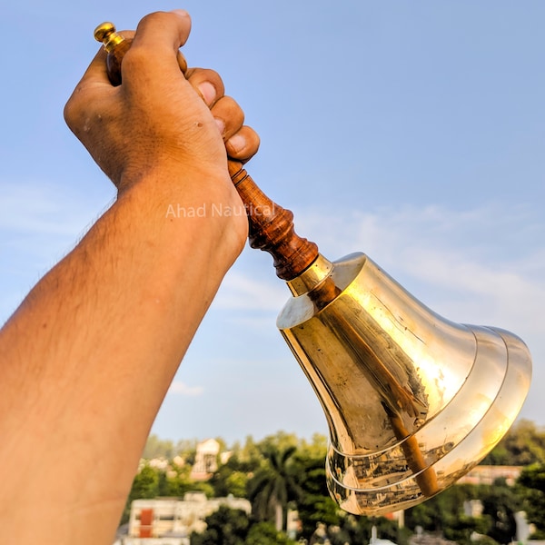 Large & Heavy Solid Brass Hand Bell School Bell Call Service Bell with Wood Handle 11" for Wedding Events Decoration, Food Line, Jingles,