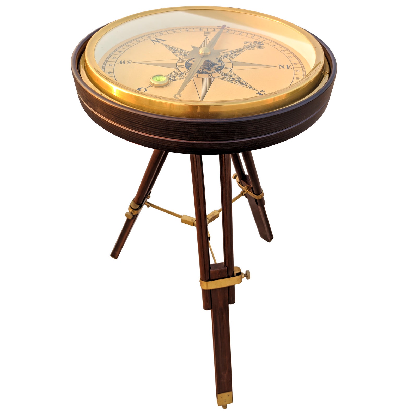 Nautical Brass Large Compass 35 Cm With Wooden Tripod Stand, Working