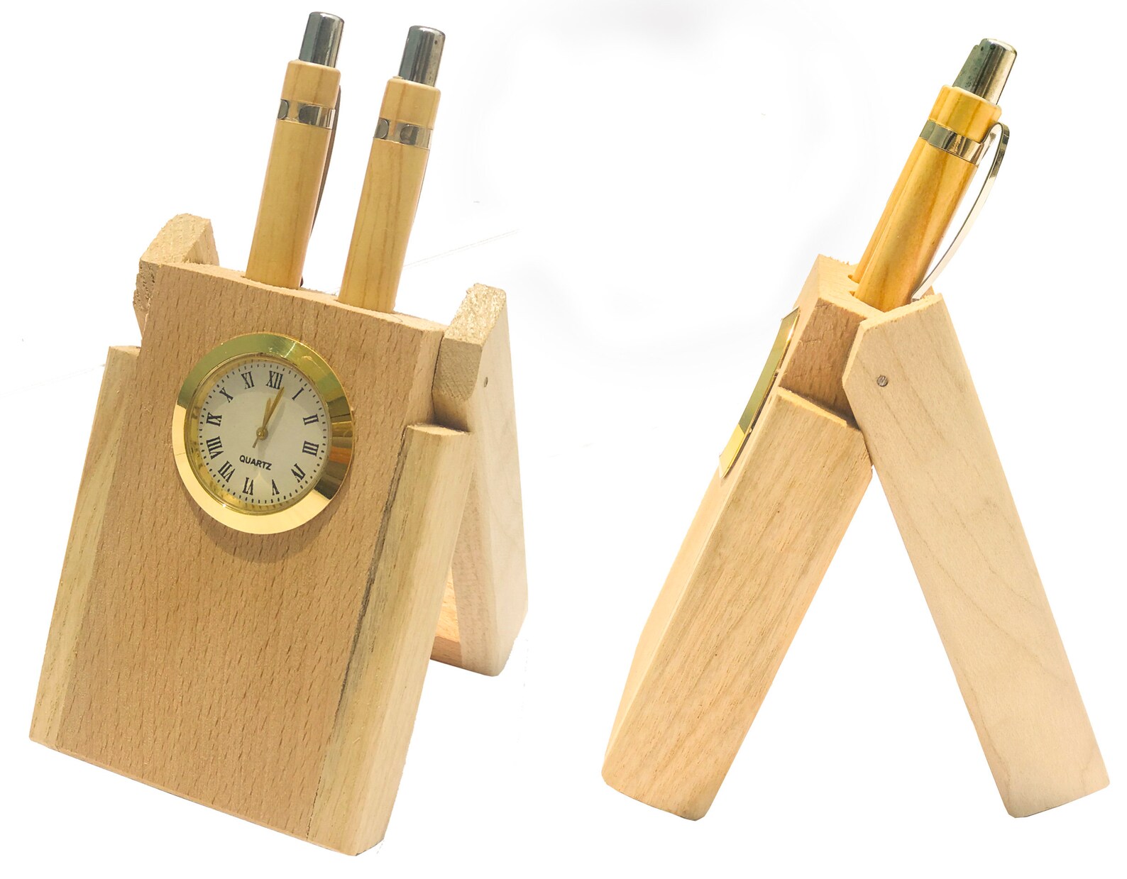 Handmade Vintage Wooden Desk Clock with Dual Pens Holder Etsy