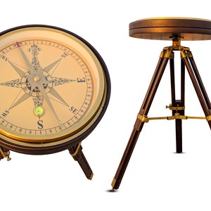 Nautical Brass Large Compass 35 cm with Wooden Tripod Stand, Working Direction Big Compass, Vintage Style Use for Decorative Coffee table