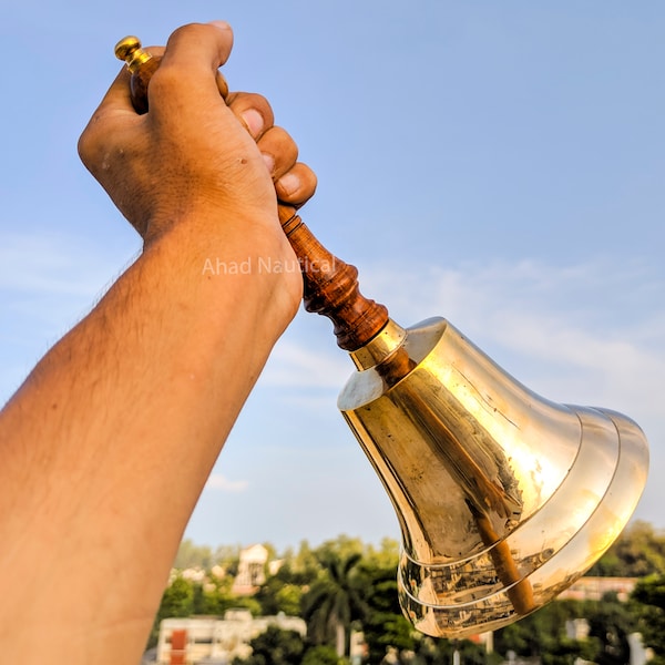 Large & Heavy Solid Brass Hand Bell School Bell Call Service Bell with Wood Handle 11" for Wedding Events Decoration, Food Line,