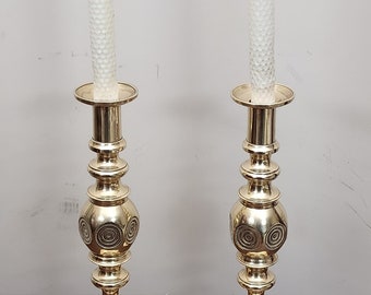 1890s Tall Pair of HIGH-QUALITY Baluster Form VICTORIAN Good Luck Solid Brass Candlesticks