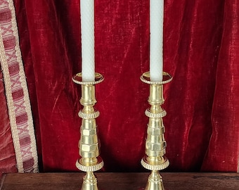 1850s Very TALL Antique Pair of High-Quality VICTORIAN Brass Candlesticks with Nut and Cog Design with Round Base