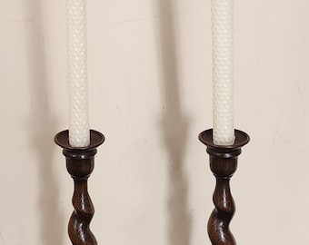 1940s Tall Pair of HIGH-QUALITY Oak  Barley Twist Candlesticks