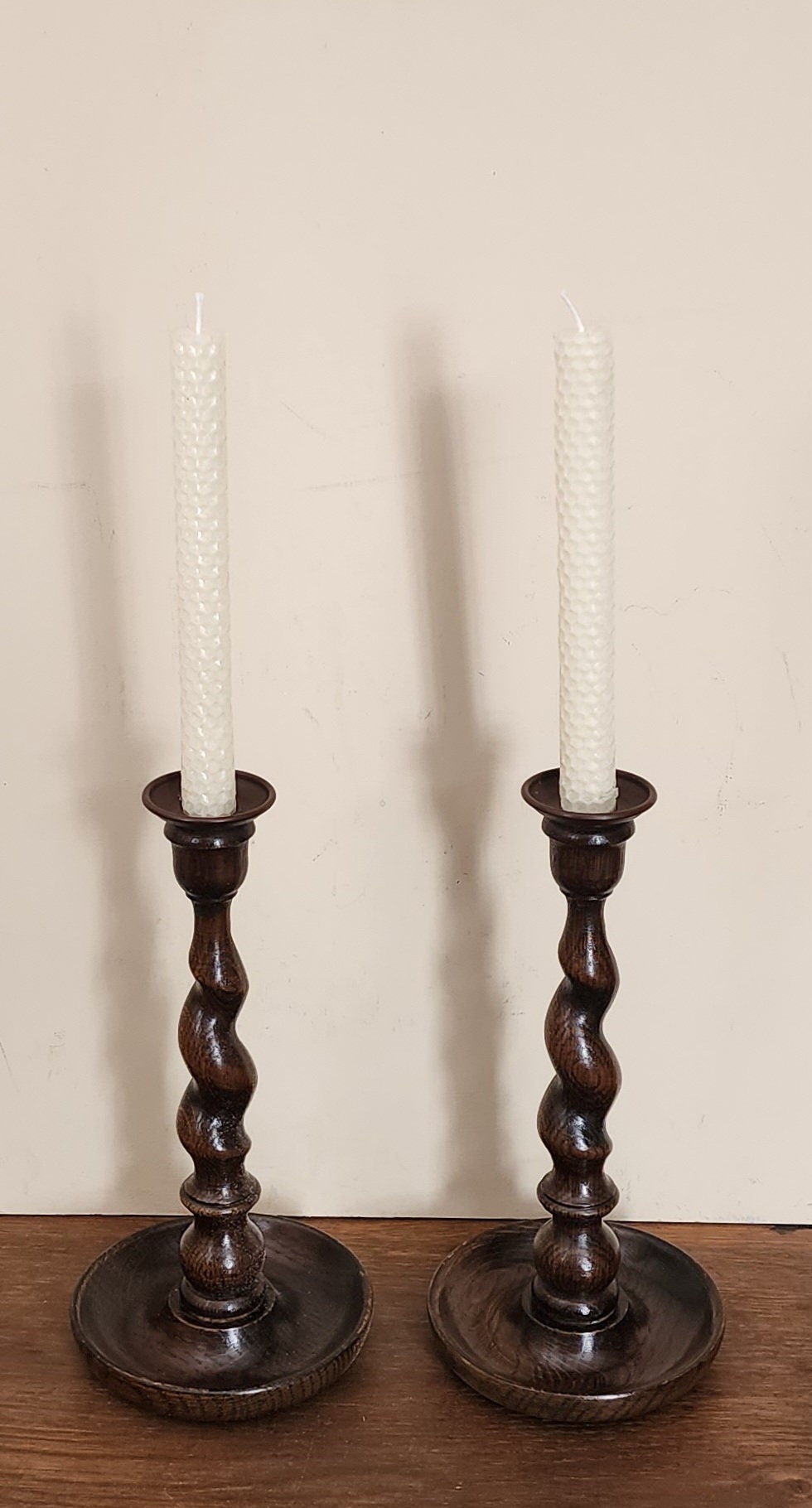 A Pair Of 19th Century Barley Twist Oak & Brass Candlestick – William Cook