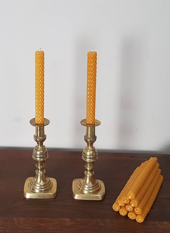 1850s Pair of VICTORIAN Brass Rectangular Base Candle Holders