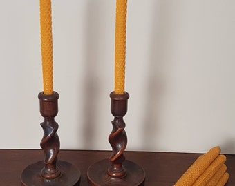 1940s Pair of HAND TURNED Oak and Brass Barley Twist Candlesticks