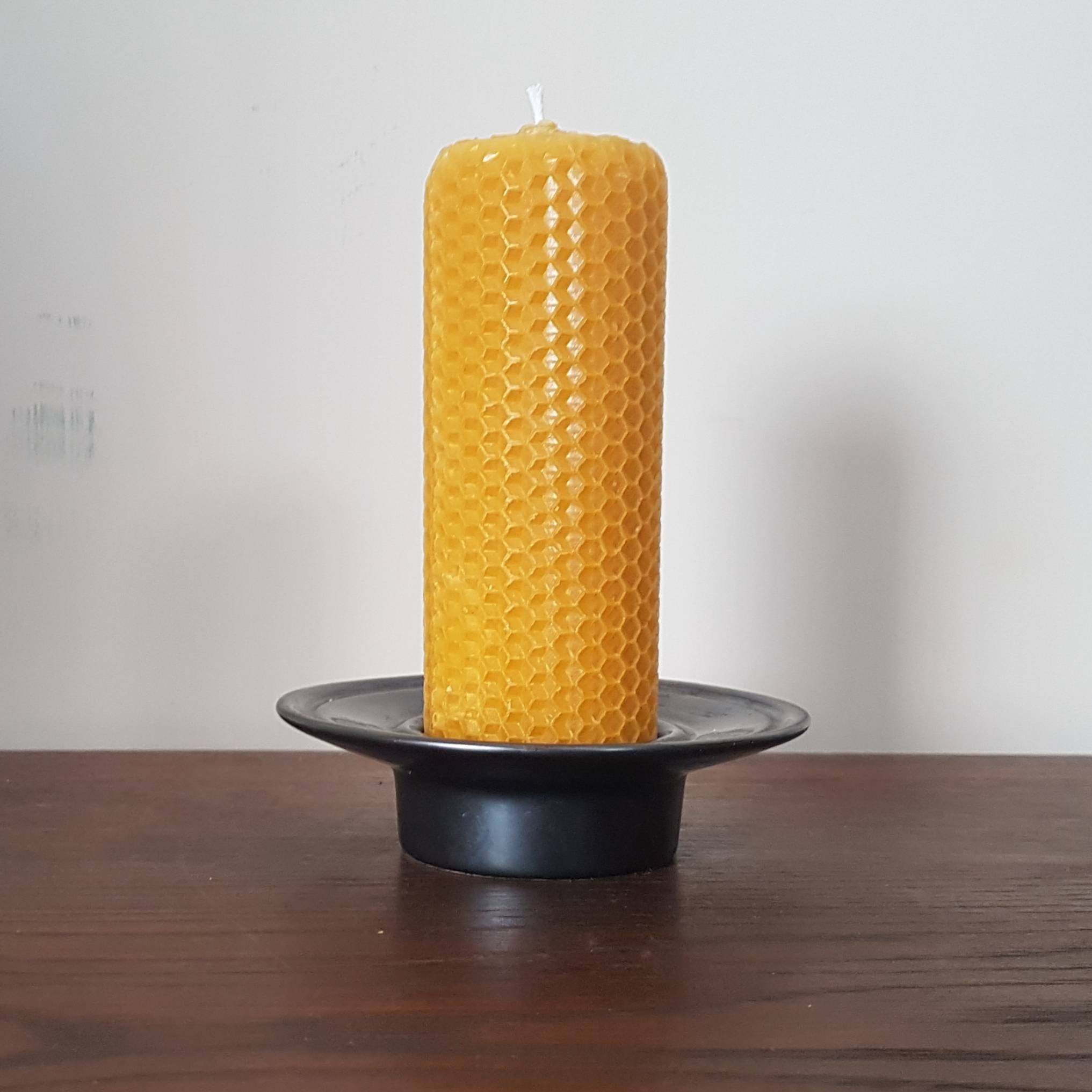 1950s PRINKNASH Style Gunmetal Coloured Pottery Candle Holder with a chunky 100% Honey Flame Pillar Beeswax Candle