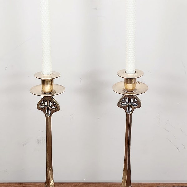 1980s VERY TALL Pair of WMF Copies Jugendstil Art Nouveau Brass Candlesticks