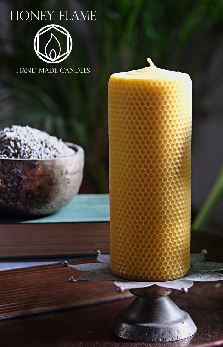 Sale of TWO Tall and EXTRA Chunky 100% Pure Beeswax pillar candles ~ 20cm x 7cm ~ eco-friendly