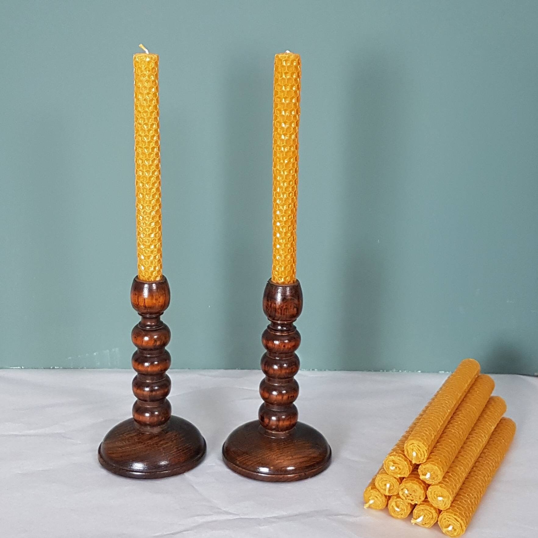 1940s Pair of HAND TURNED Light Oak Candlesticks with 12 Honey Flame