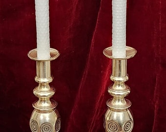 1890s Very Tall Pair of HIGH-QUALITY VICTORIAN Good Luck Solid Brass Candlesticks