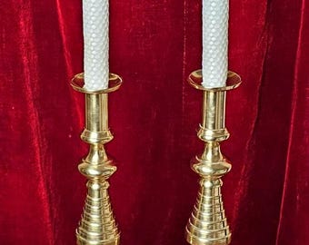 Antique Victorian Brass Candlesticks - Ringed Baluster, 1880s Pair