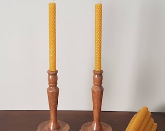 SALE 1940s Pair of HAND TURNED Blond Oak Candlesticks