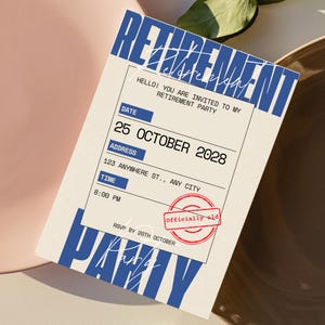 Bold Concert Ticket Retirement Invitation – "Officially Old" Red Stamp – Digital Download + FREE Matching RSVP Card – Editable on Canva