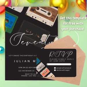 Digital Invitation | Canva Template | "Let's Make This Birthday a Chart-Topping Hit!" | Design with Cassette Tapes + Matching RSVP Card