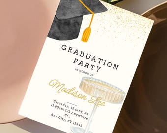 Watercolour Graduation Invitation – Digital Download + FREE Matching RSVP Card – Editable on Canva