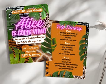 May include: Two party invitation cards with a tropical and animal print theme. One card reads "Alice IS GOING WILD!" with event details. The other card lists a trip itinerary. The cards feature green leaves, zebra, and giraffe patterns.