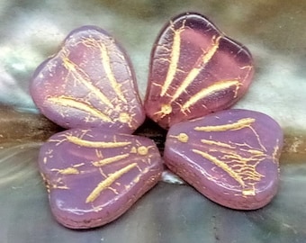 6 Flower Beads Lilies 12 x 14 mm - Purple Opalescent with bronze wash - translucent - Bohemian glass beads - pressed flower beads - Boho