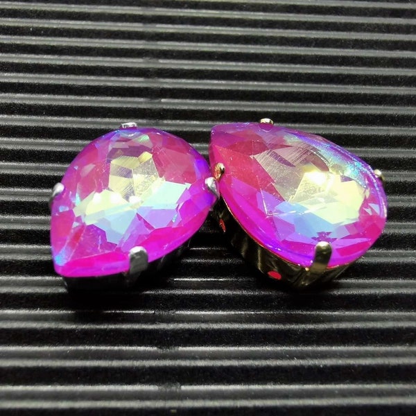 2 pcs Rivoli NEON AB 18 x 13 mm - Purple - Drops with gold / silver / without frame to choose from - RARE - A real eye-catcher!