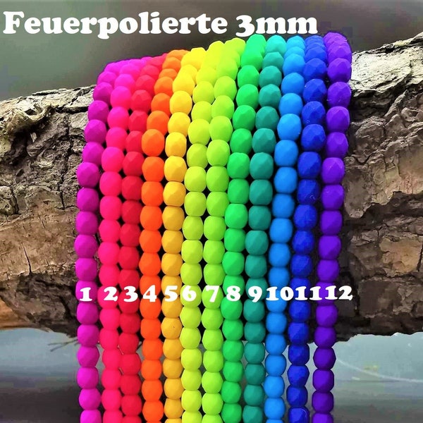 12 neon colors - 3 mm faceted - individually 50 pieces or as a MEGASET 300 pieces - fire-polished silk glass - matt frosted - UV active