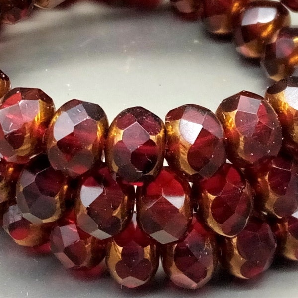 10 Czech glass beads 6 x 9 mm - fire-polished rondelle - garnet transparent with bronze - faceted - Czech beads - Boho