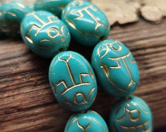 6 Scarab Glass Beads 10 x 14 mm - Turquoise opaque with bronze - pressed Bohemian beads - embossed on both sides - B_1605