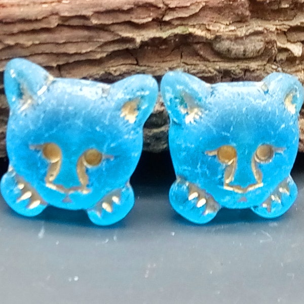 2 Cute Cats 17 mm - Czech Glass Beads - Blue Transparent MATT with Golden Wash - Pressure Beads - Czech Pressed Cat Beads -Boho