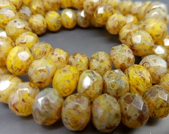 10 Czech glass beads 9 x 6 mm - Donuts Rondelle - Opal Yellow full Picasso - Pressure beads - Fire polished - Donuts - Faceted - translucent