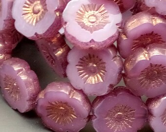6 Hawaii flower beads 12 mm - Table Cut - Opal Pink Shine and Bronze - Opaline - Bohemian glass beads - Boho - Hibiscus flowers - B_99