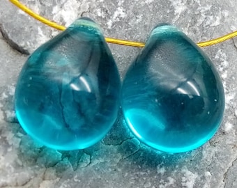 2 Large Bohemian Drops 14 x 10 mm - Petrol Green Transparent - Drop Pear Tear - Boho Glass Drop Tears - B_68