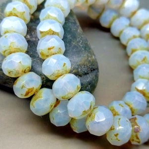10 Bohemian glass beads 5 x 7 mm - fire-polished rondelle - Grey-blue Opal Picasso - faceted - Czech beads - premium quality
