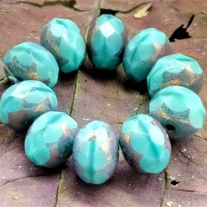 10 Bohemian glass beads 6 x 9 mm - fire-polished rondelle - turquoise opaque with bronze - faceted - premium quality - Czech beads