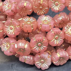 10 Hawaiian flower beads 8 mm - Bohemian glass - double-sided - pink OPAL with light gold - pressed beads - flowers - hibiscus - B_458
