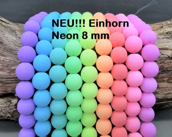 63 Böhmische EINHORN neon Pastell runde Glasperlen 8mm - Matt gefrostet - 9 Farben als PERLENSET -  Leuchtende Farben - UV-aktiv -Rar