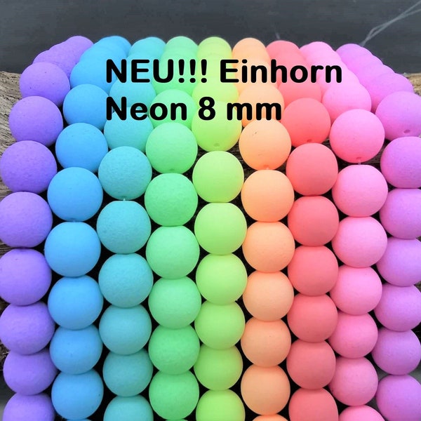 63 Böhmische EINHORN neon Pastell runde Glasperlen 8mm - Matt gefrostet - 9 Farben als PERLENSET -  Leuchtende Farben - UV-aktiv -Rar