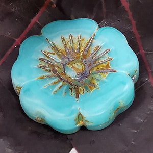 1 large Hawaii flower bead 22 mm - Table Cut - Larimar MATT with Picasso - Limited Edition, Bohemian glass bead - Hibiscus blossom - B_372