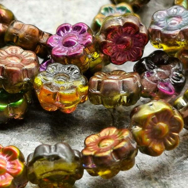 20 HAWAII FLOWERS 6 mm - Czech glass - double sided - olivine, pink and orange transparent + metallic - pressed - flowers - CZ_1199