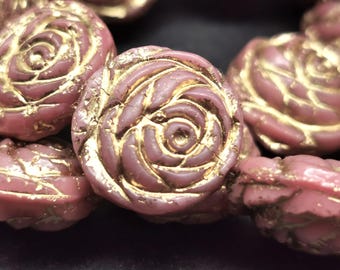 2 or 4 rose beads 15 mm - Bohemian rose blossoms - double-sided - pink opaque with bronze - premium beads - pressed - flower beads - B_1630