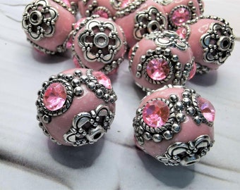 1, 2 or 4 Kashmiri beads - 20 mm - hole 1.5 mm - pink and silver colored - handmade beads - ethnic - very good quality