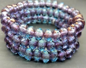 30 Bohemian rondelles 3 x 5 mm - a full strand! - Aquamarine with purple core and bronze finish - Faceted - transparent - Czech beads