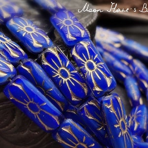 4 FLOWER BEADS 20 x 8 mm - Rectangle - Blue with Bronze - Flat pressed flowers - B_664