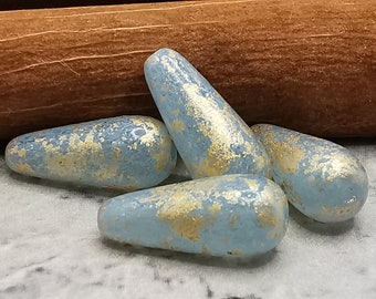 4 Large Bohemian Drops 20 x 9 mm Light Blue Opaline with Antique Gold - Gold Rain - Pears - Teardrop Beads - Glass Drops - Boho - B_475