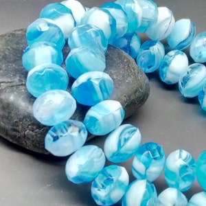 10 Bohemian glass beads 6 x 9 mm - fire-polished rondelle - blue transparent and white opaque - &quot;Sky and Clouds&quot; - faceted - Czech beads