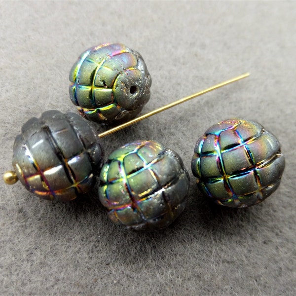 2 Bohemian Glass Beads Globe Earth Ball 12 mm Matt AB Iridescent Pressure Beads Green, Gray or Milky White Opal Very strikingly rare