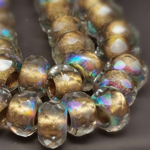 6 Rondelles 6 x 9 mm - Large Hole - Clear Gold Colored Inset with AB - Transparent - Rare - Bohemian Roller Beads - B_1471*