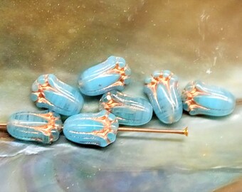 15 Bohemian Glass Tulip Beads 12 x 8 mm - Lilies - Sky Blue Opal with Copper - Boho - Flower Beads - Boho